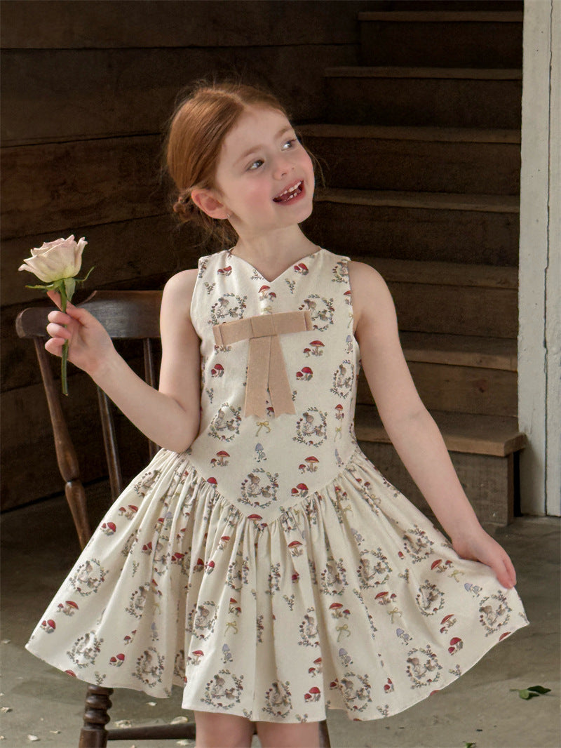 Rabbit Mushroom V-neck Cotton Dress うさぎ きのこ Vネック ノースリーブワンピース【mh0012421】 Chengle