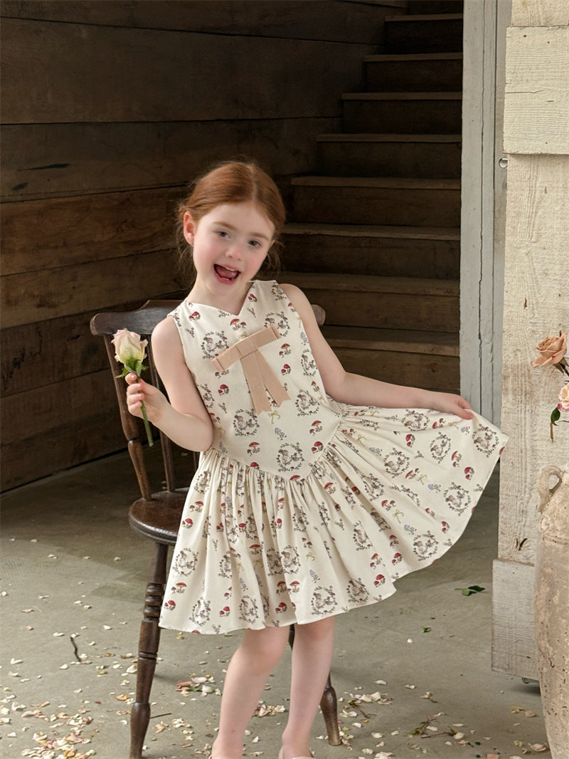 Rabbit Mushroom V-neck Cotton Dress うさぎ きのこ Vネック ノースリーブワンピース【mh0012421】 Chengle