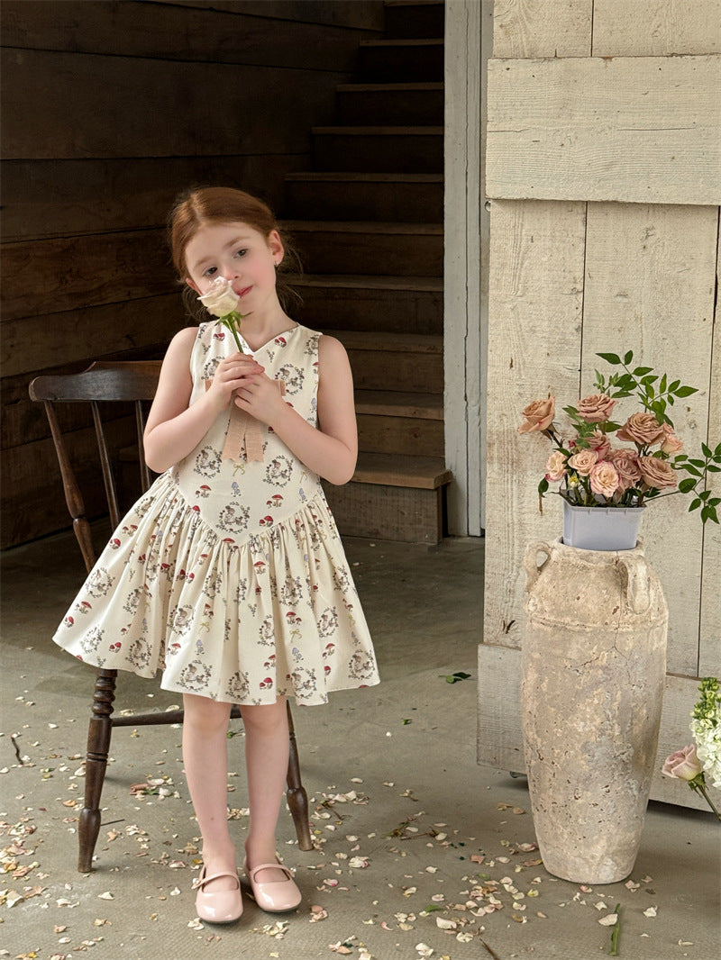Rabbit Mushroom V-neck Cotton Dress うさぎ きのこ Vネック ノースリーブワンピース【mh0012421】 Chengle