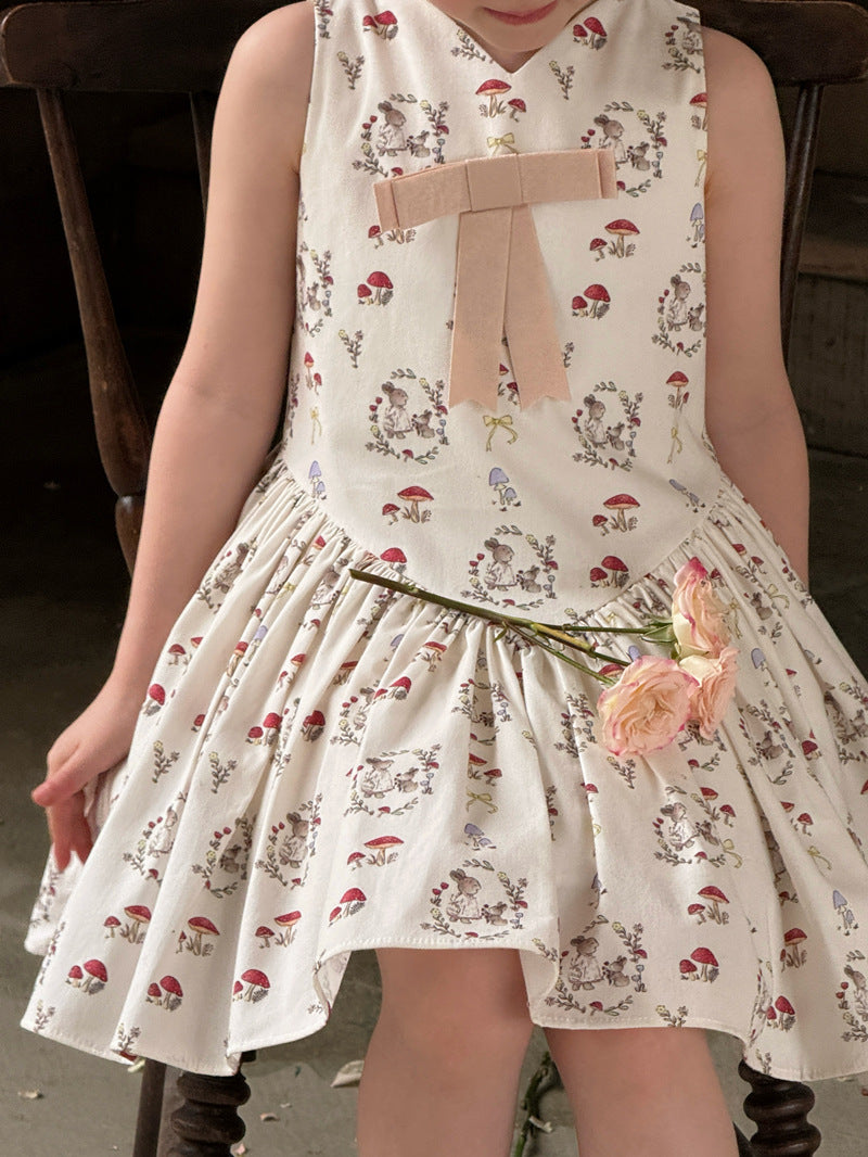 Rabbit Mushroom V-neck Cotton Dress うさぎ きのこ Vネック ノースリーブワンピース【mh0012421】 Chengle