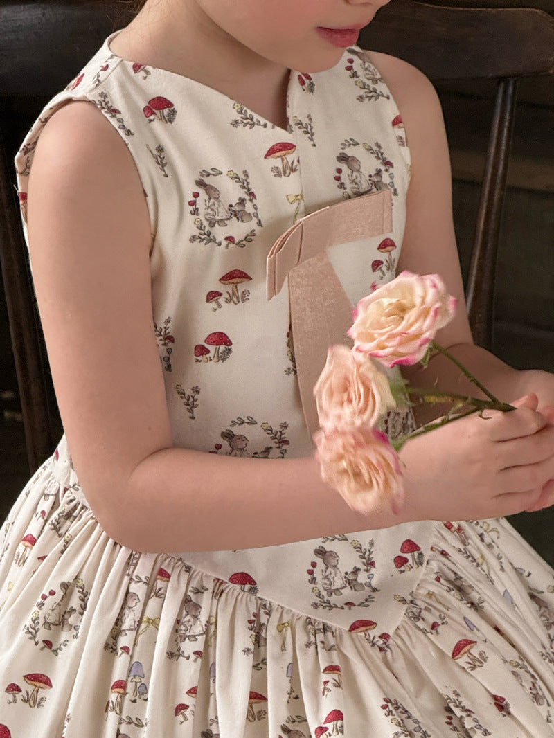 Rabbit Mushroom V-neck Cotton Dress うさぎ きのこ Vネック ノースリーブワンピース【mh0012421】 Chengle