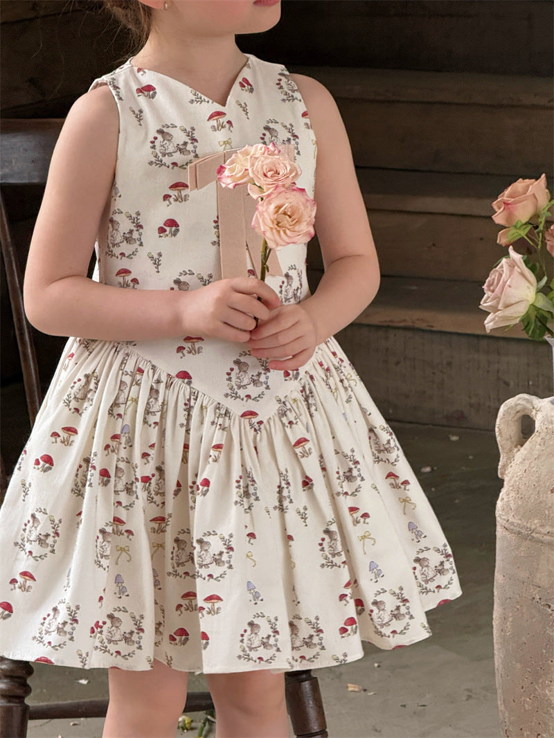 Rabbit Mushroom V-neck Cotton Dress うさぎ きのこ Vネック ノースリーブワンピース【mh0012421】 Chengle
