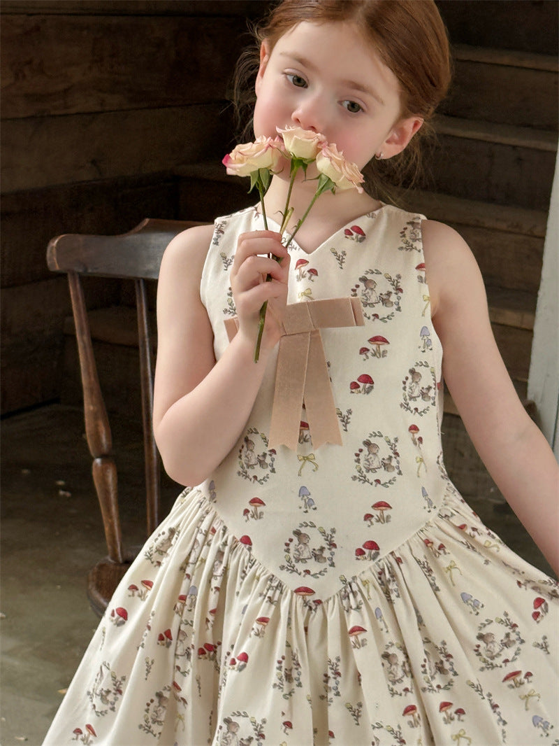 Rabbit Mushroom V-neck Cotton Dress うさぎ きのこ Vネック ノースリーブワンピース【mh0012421】 Chengle