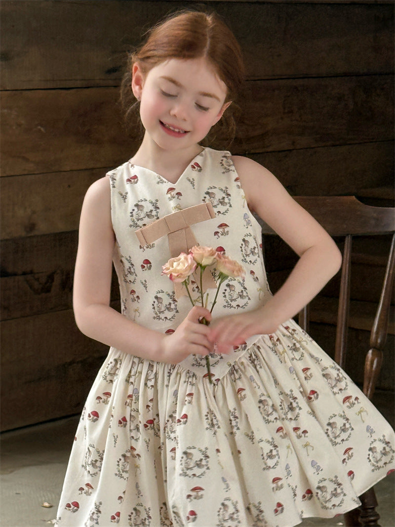 Rabbit Mushroom V-neck Cotton Dress うさぎ きのこ Vネック ノースリーブワンピース【mh0012421】 Chengle
