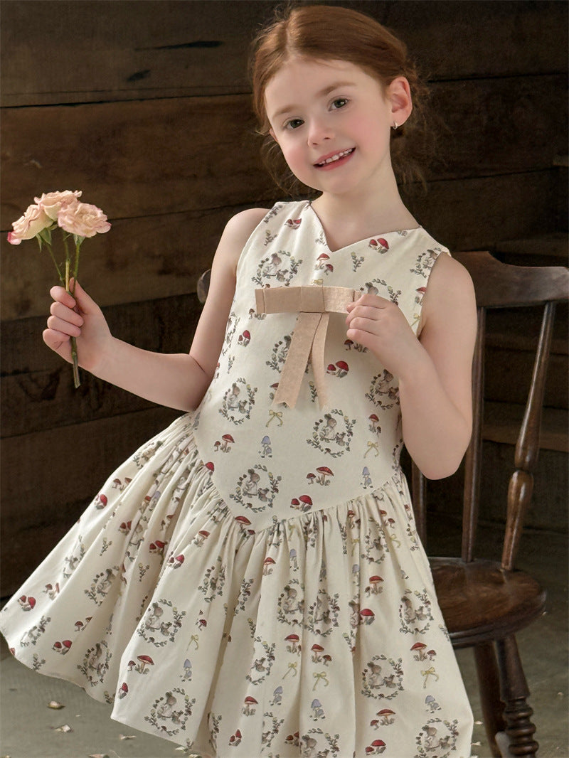 Rabbit Mushroom V-neck Cotton Dress うさぎ きのこ Vネック ノースリーブワンピース【mh0012421】 mamahalo shop