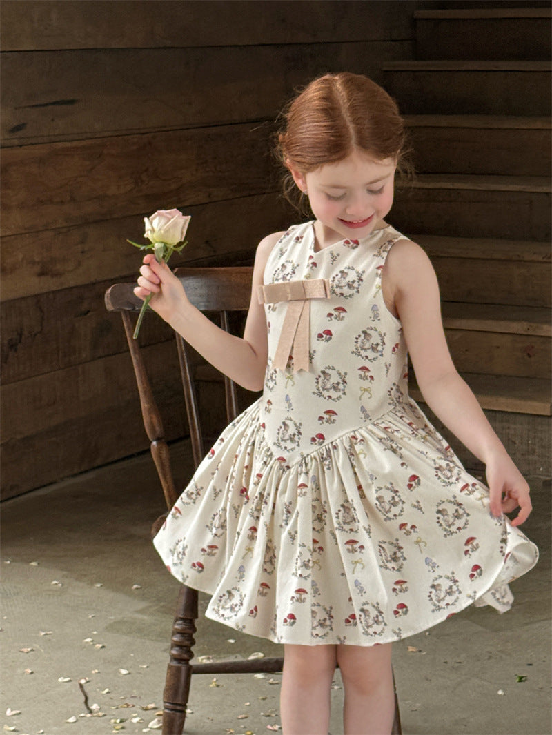 Rabbit Mushroom V-neck Cotton Dress うさぎ きのこ Vネック ノースリーブワンピース【mh0012421】 mamahalo shop