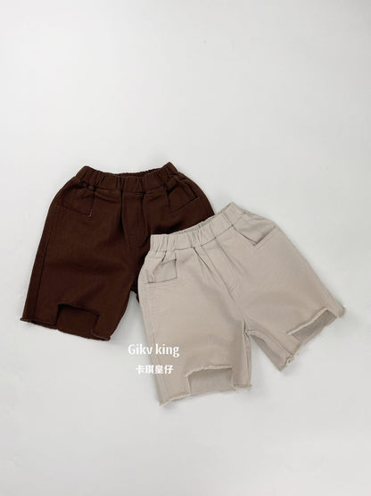 カットオフ風コットンルーズハーフパンツ、フロントゴム仕様（コーヒー/ベージュ）