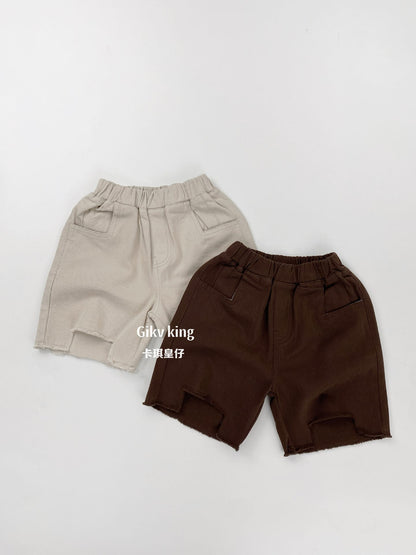 コットンルーズハーフパンツ2点セット、ライトベージュとダークブラウン、カットオフ裾、前ポケット