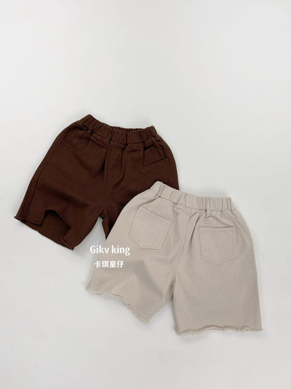 コットンルーズハーフパンツ2点セット、ダークブラウンとライトベージュ、カットオフ裾、後ろゴム