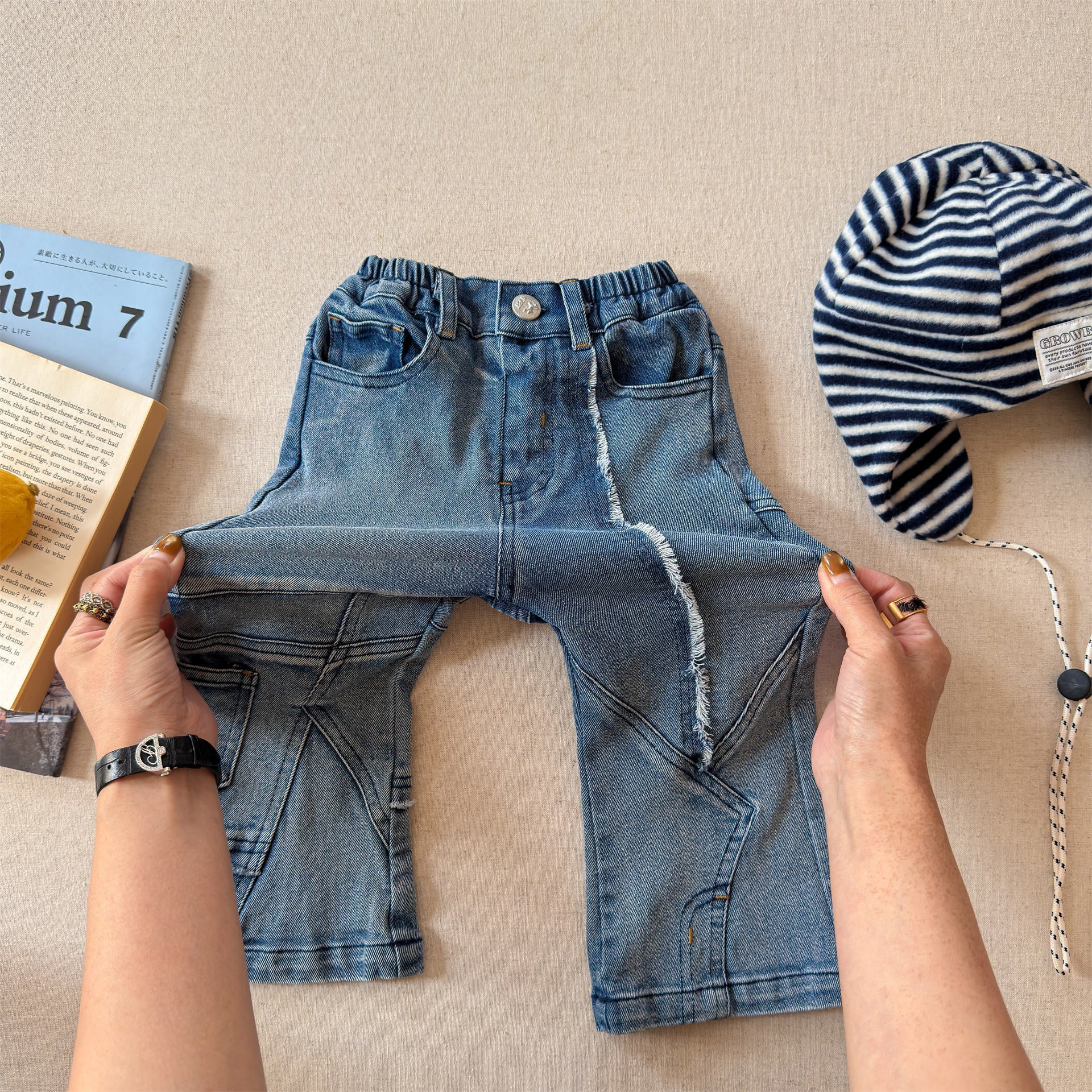 Raw Edge Stitch Denim パネル ステッチ デニムパンツ【mh0012470】 Blue / 80cm ADbaby デニムパンツ