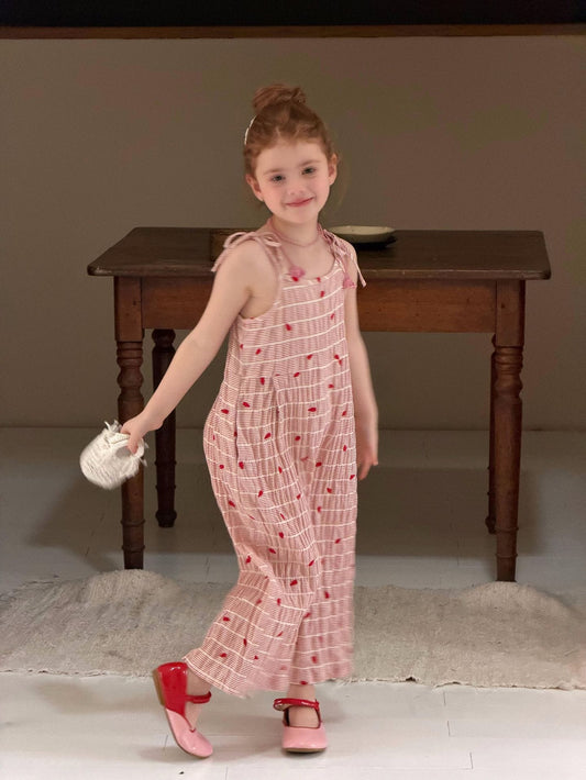 Red Stripe Heart Overalls ストライプ ハート クロップドパンツ【mh0012896】 Jianzidan サロペットパンツ・サスペンダーパンツ
