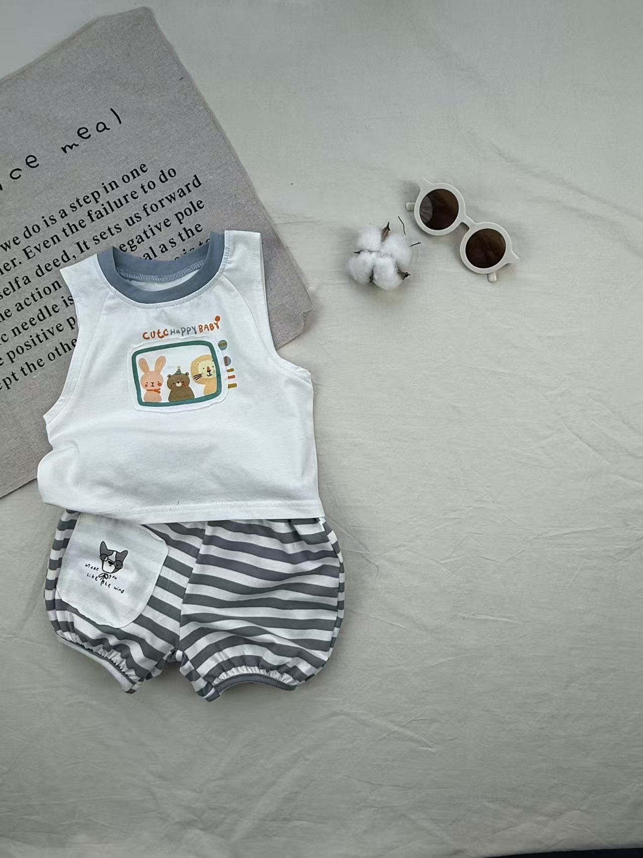 Retro Animal Stripe Tank Top Set ボーダー ノースリーブ ショートパンツ セット【mh0012910】 yi nian ni ノースリーブセットアップ