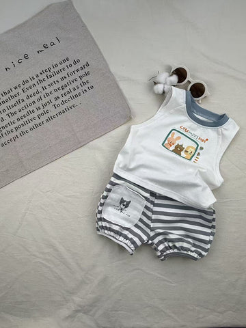Retro Animal Stripe Tank Top Set ボーダー ノースリーブ ショートパンツ セット【mh0012910】 yi nian ni ノースリーブセットアップ