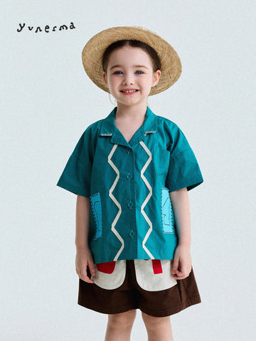 Retro Color-Blocking Short-Sleeved Cotton Shirt レトロ 半袖シャツ【mh0013207】 yunerma 半袖シャツ・ブラウス