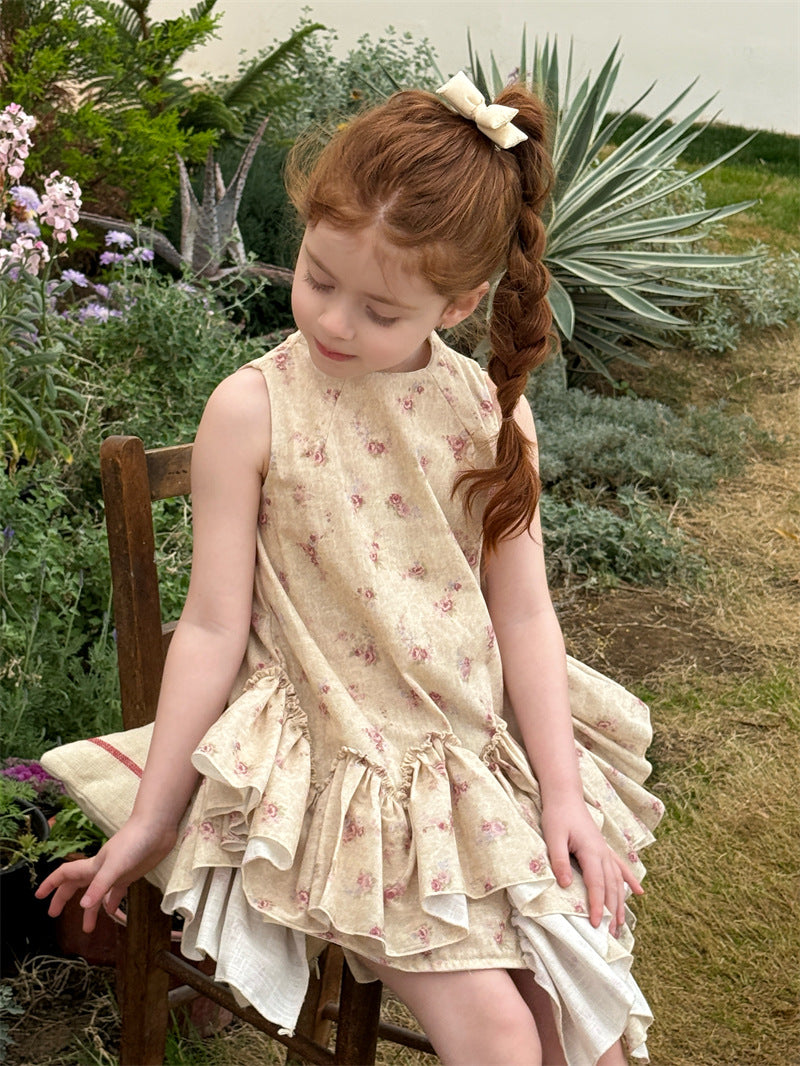 Retro Floral Vest Cake Dress コットン 花柄 ティアード ノースリーブワンピース【mh0012410】 90cm / Beige floral mamahalo shop