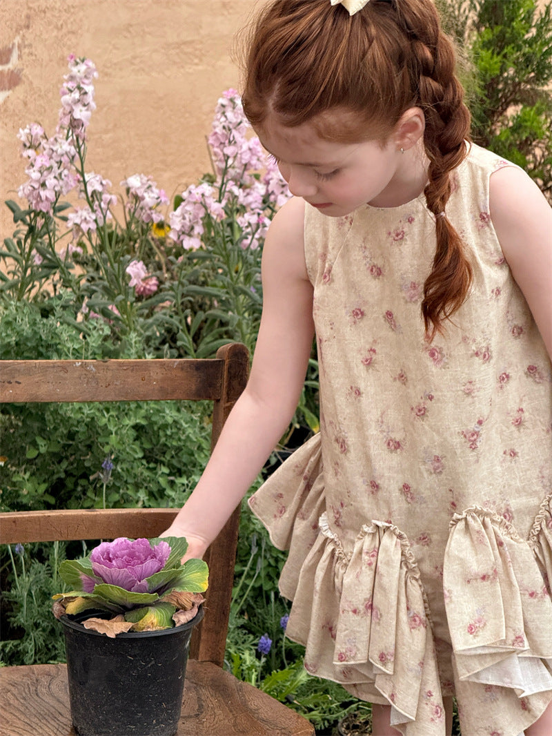 Retro Floral Vest Cake Dress コットン 花柄 ティアード ノースリーブワンピース【mh0012410】 Chengle