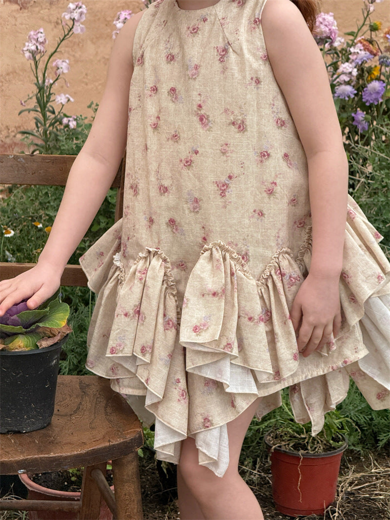 Retro Floral Vest Cake Dress コットン 花柄 ティアード ノースリーブワンピース【mh0012410】 mamahalo shop