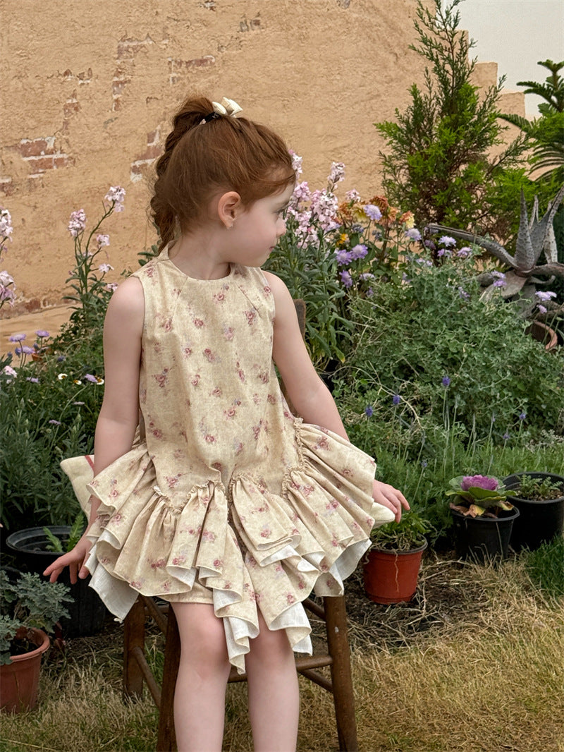 Retro Floral Vest Cake Dress コットン 花柄 ティアード ノースリーブワンピース【mh0012410】 mamahalo shop
