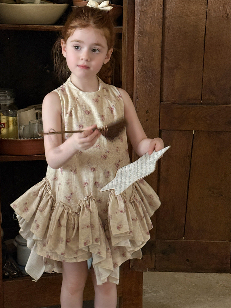 Retro Floral Vest Cake Dress コットン 花柄 ティアード ノースリーブワンピース【mh0012410】 mamahalo shop
