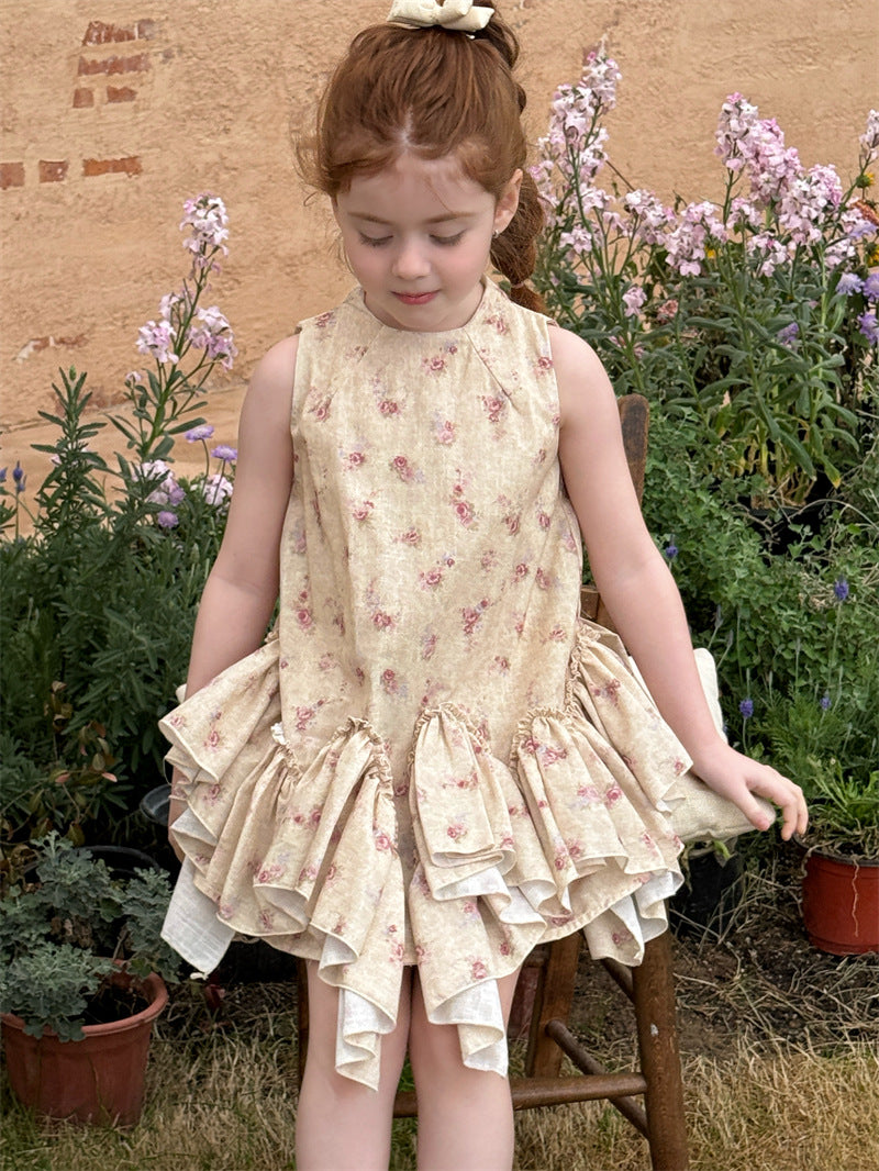 Retro Floral Vest Cake Dress コットン 花柄 ティアード ノースリーブワンピース【mh0012410】 mamahalo shop