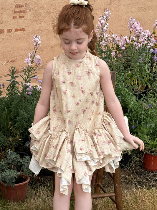 Retro Floral Vest Cake Dress コットン 花柄 ティアード ノースリーブワンピース【mh0012410】 mamahalo shop