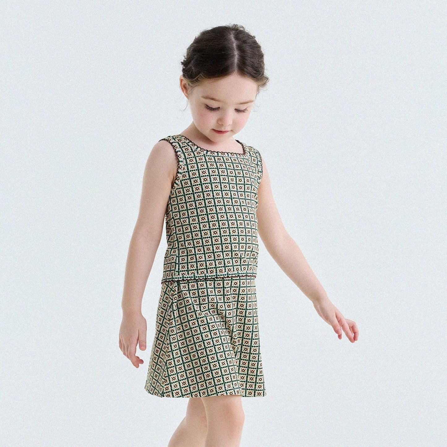 Retro Geometric Tank Top Skort ダイヤ柄 タンクトップ パンツインスカート【mh0013185】 Yellow Green Vest / 90cm yunerma ノースリーブセットアップ
