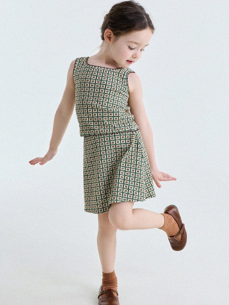 Retro Geometric Tank Top Skort ダイヤ柄 タンクトップ パンツインスカート【mh0013185】 yunerma ノースリーブセットアップ