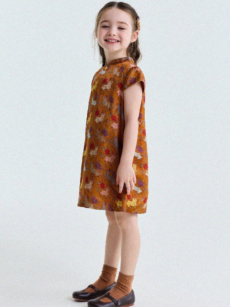 Retro Rabbit Elephant Pattern Stand Collar Dress アニマルプリント 半袖ワンピース【mh0013174】 yunerma 半袖ワンピース