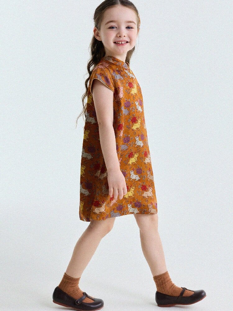 Retro Rabbit Elephant Pattern Stand Collar Dress アニマルプリント 半袖ワンピース【mh0013174】 yunerma 半袖ワンピース