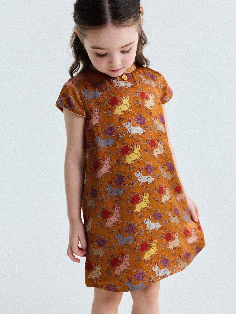 Retro Rabbit Elephant Pattern Stand Collar Dress アニマルプリント 半袖ワンピース【mh0013174】 yunerma 半袖ワンピース