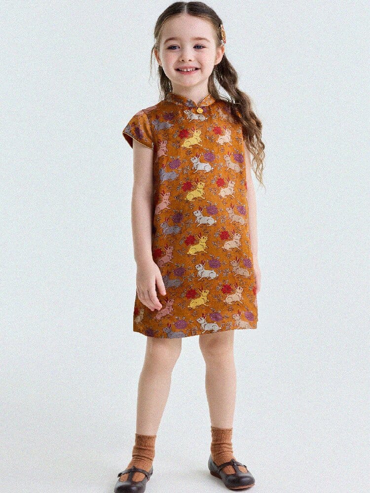 Retro Rabbit Elephant Pattern Stand Collar Dress アニマルプリント 半袖ワンピース【mh0013174】 yunerma 半袖ワンピース