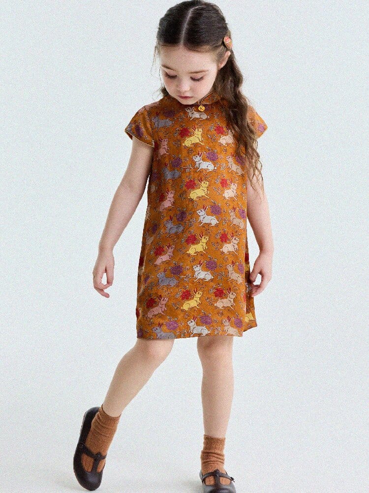 Retro Rabbit Elephant Pattern Stand Collar Dress アニマルプリント 半袖ワンピース【mh0013174】 yunerma 半袖ワンピース