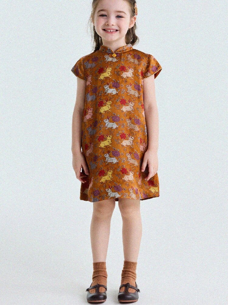 Retro Rabbit Elephant Pattern Stand Collar Dress アニマルプリント 半袖ワンピース【mh0013174】 yunerma 半袖ワンピース