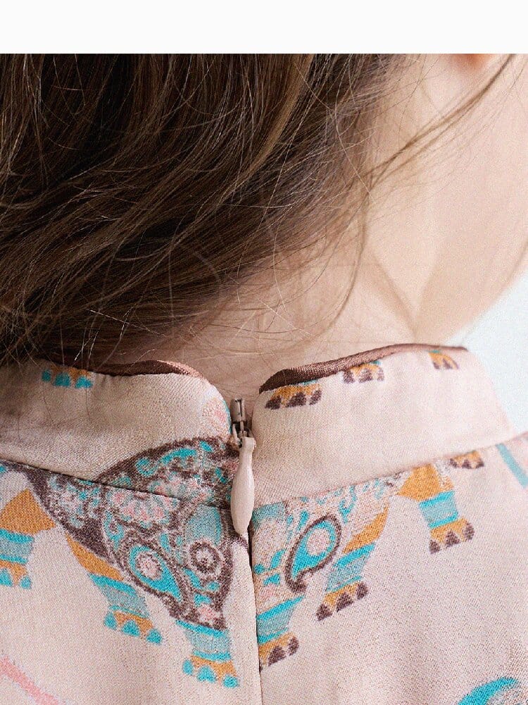 Retro Rabbit Elephant Pattern Stand Collar Dress アニマルプリント 半袖ワンピース【mh0013174】 yunerma 半袖ワンピース