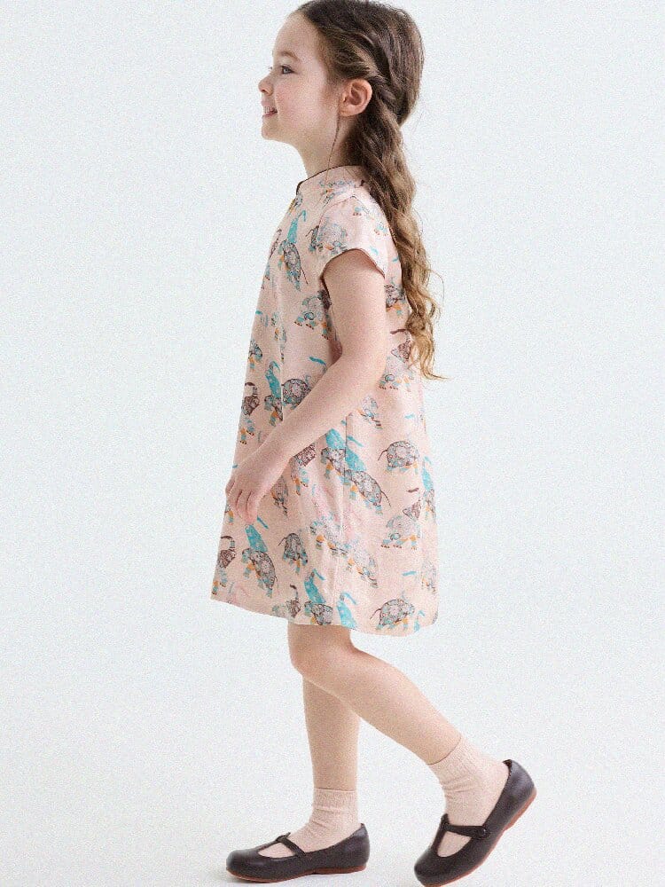 Retro Rabbit Elephant Pattern Stand Collar Dress アニマルプリント 半袖ワンピース【mh0013174】 yunerma 半袖ワンピース