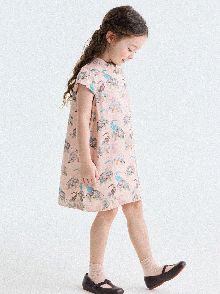 Retro Rabbit Elephant Pattern Stand Collar Dress アニマルプリント 半袖ワンピース【mh0013174】 yunerma 半袖ワンピース