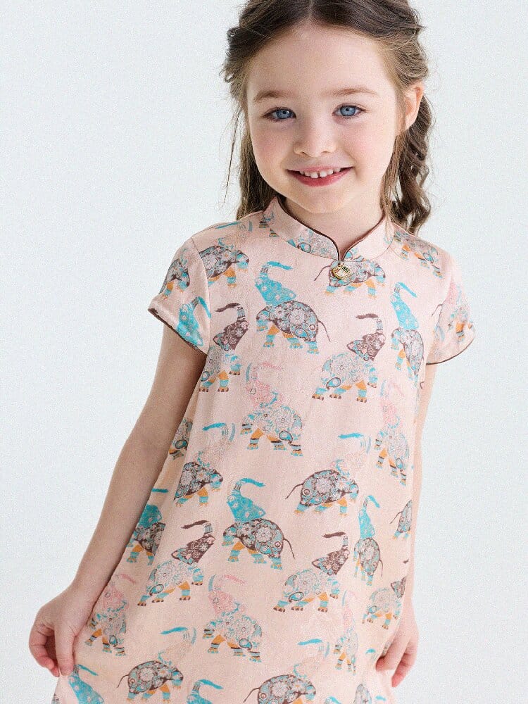 Retro Rabbit Elephant Pattern Stand Collar Dress アニマルプリント 半袖ワンピース【mh0013174】 yunerma 半袖ワンピース