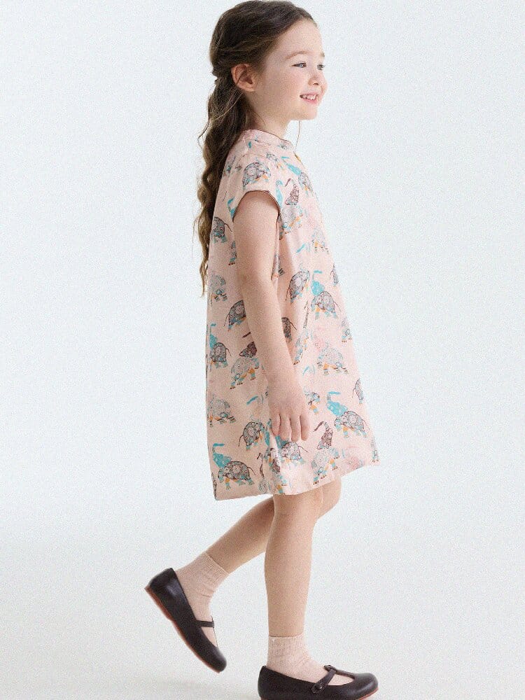 Retro Rabbit Elephant Pattern Stand Collar Dress アニマルプリント 半袖ワンピース【mh0013174】 yunerma 半袖ワンピース