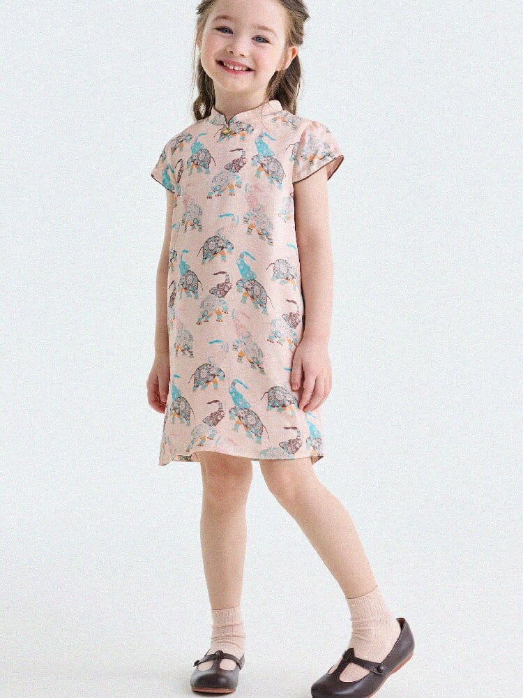 Retro Rabbit Elephant Pattern Stand Collar Dress アニマルプリント 半袖ワンピース【mh0013174】 yunerma 半袖ワンピース