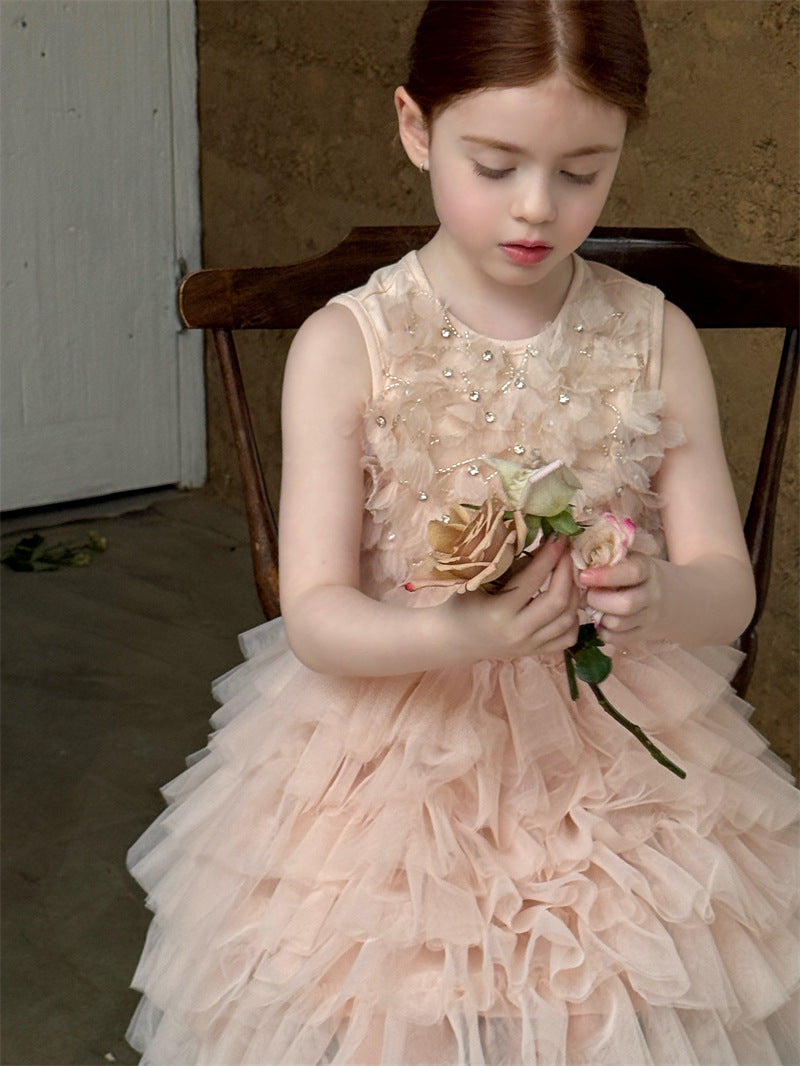 Rhinestone Flower Mesh Dress ラインストーン フラワー チュールワンピース【mh0012431】 90cm / Pink mamahalo shop