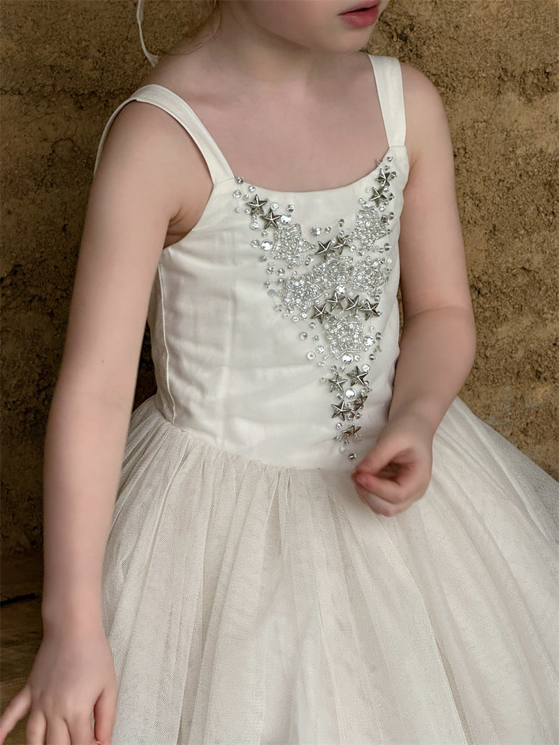 Rhinestone Star Mesh Suspender Dress コットン 星柄 チュール キャミソールワンピ【mh0012415】 90cm / White (without shawl) mamahalo shop