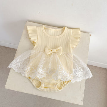 Ribbed Bow Tulle Romper レース フリル袖 ロンパース【mh0012493】 Cream / 66cm Engepapa 半袖ロンパース