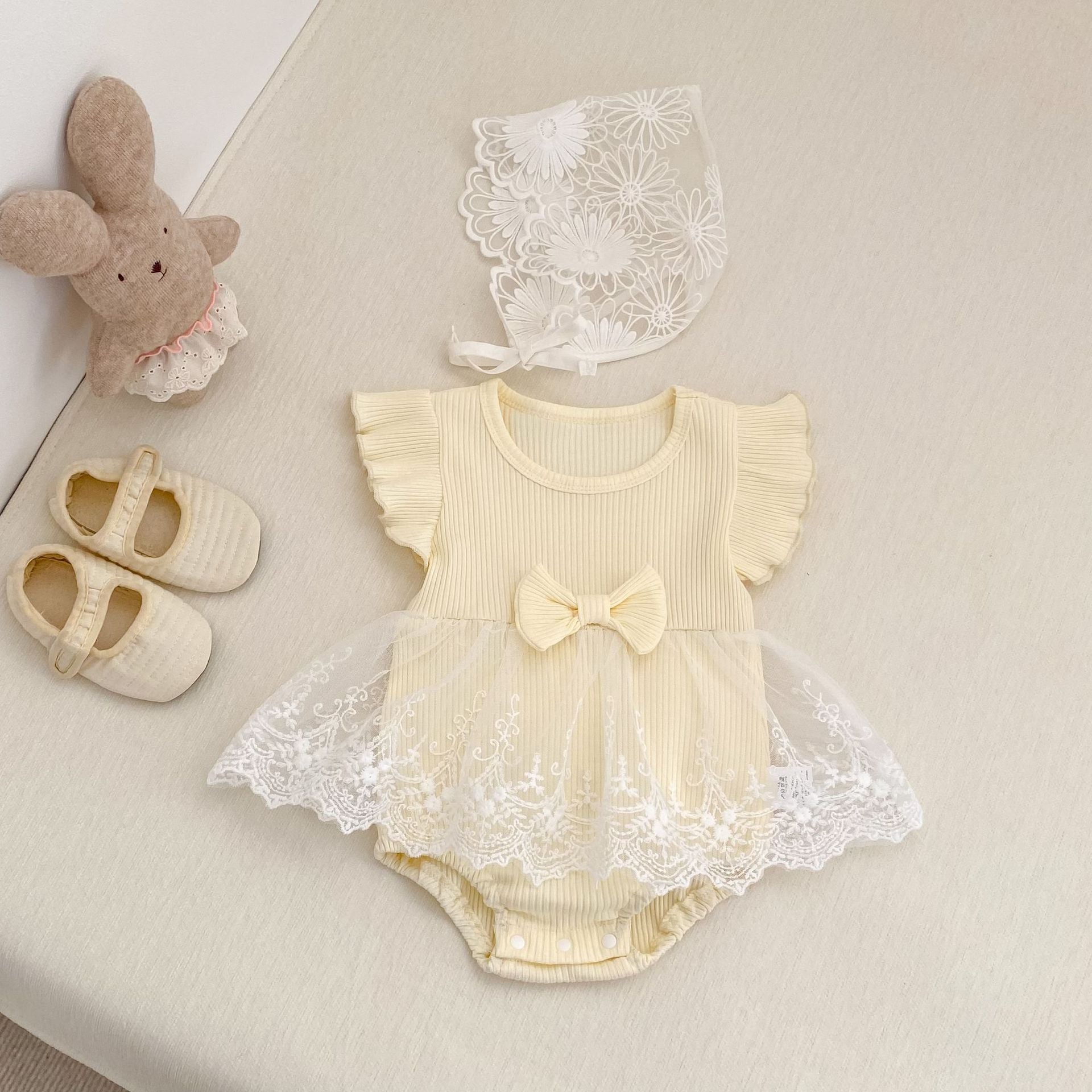 Ribbed Bow Tulle Romper レース フリル袖 ロンパース【mh0012493】 Engepapa 半袖ロンパース