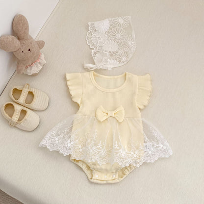 Ribbed Bow Tulle Romper レース フリル袖 ロンパース【mh0012493】 Engepapa 半袖ロンパース