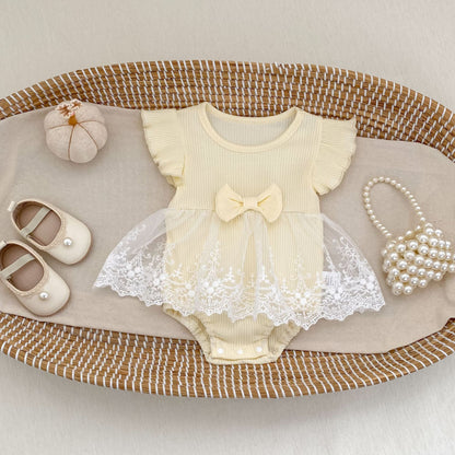 Ribbed Bow Tulle Romper レース フリル袖 ロンパース【mh0012493】 Engepapa 半袖ロンパース