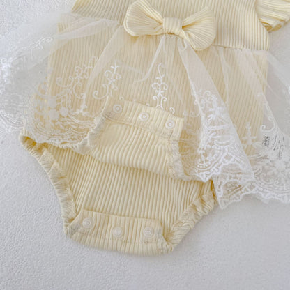 Ribbed Bow Tulle Romper レース フリル袖 ロンパース【mh0012493】 Engepapa 半袖ロンパース