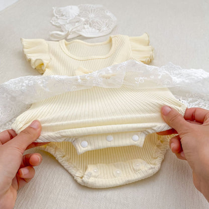 Ribbed Bow Tulle Romper レース フリル袖 ロンパース【mh0012493】 Engepapa 半袖ロンパース