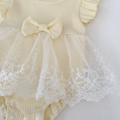Ribbed Bow Tulle Romper レース フリル袖 ロンパース【mh0012493】 Engepapa 半袖ロンパース