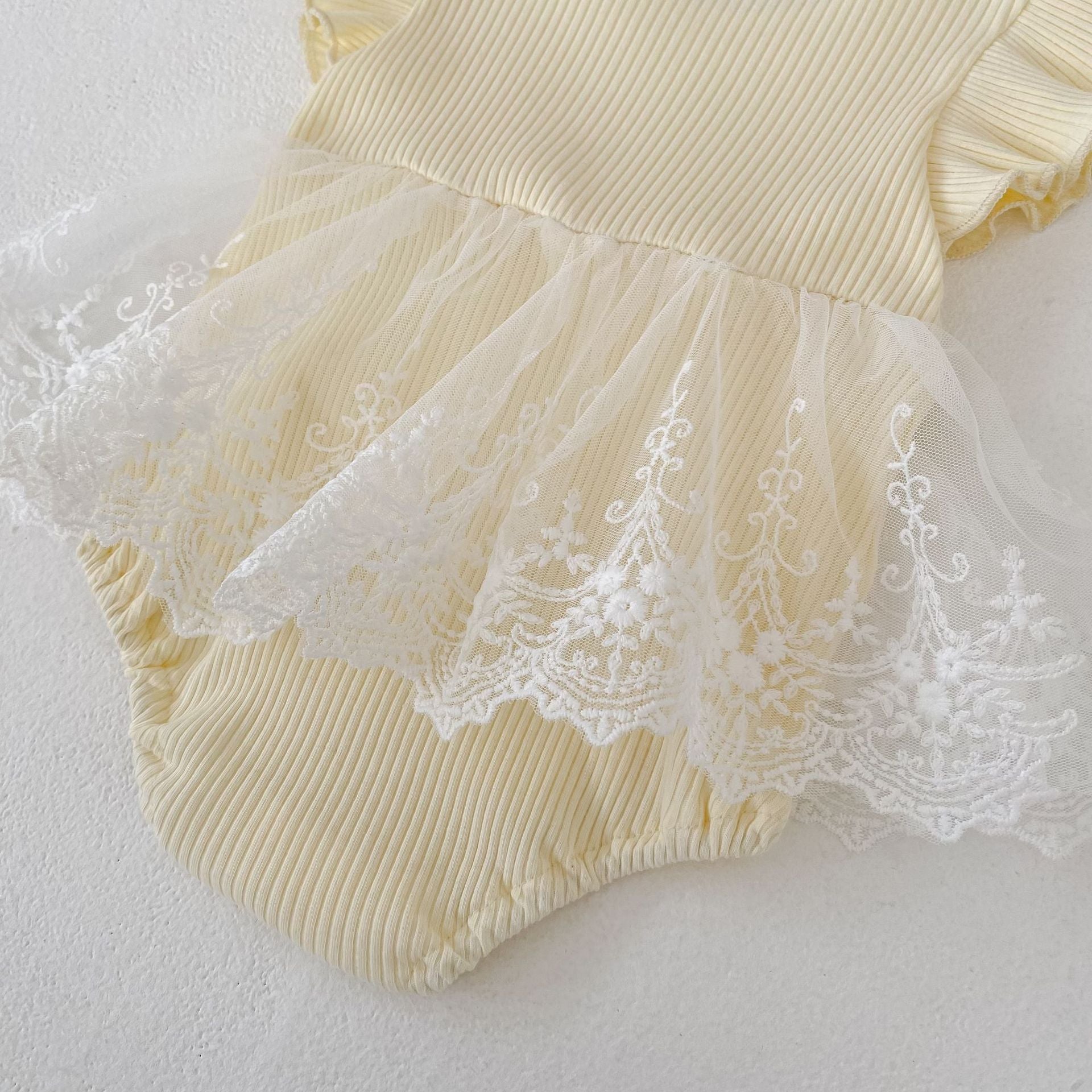 Ribbed Bow Tulle Romper レース フリル袖 ロンパース【mh0012493】 Engepapa 半袖ロンパース