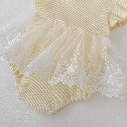 Ribbed Bow Tulle Romper レース フリル袖 ロンパース【mh0012493】 Engepapa 半袖ロンパース